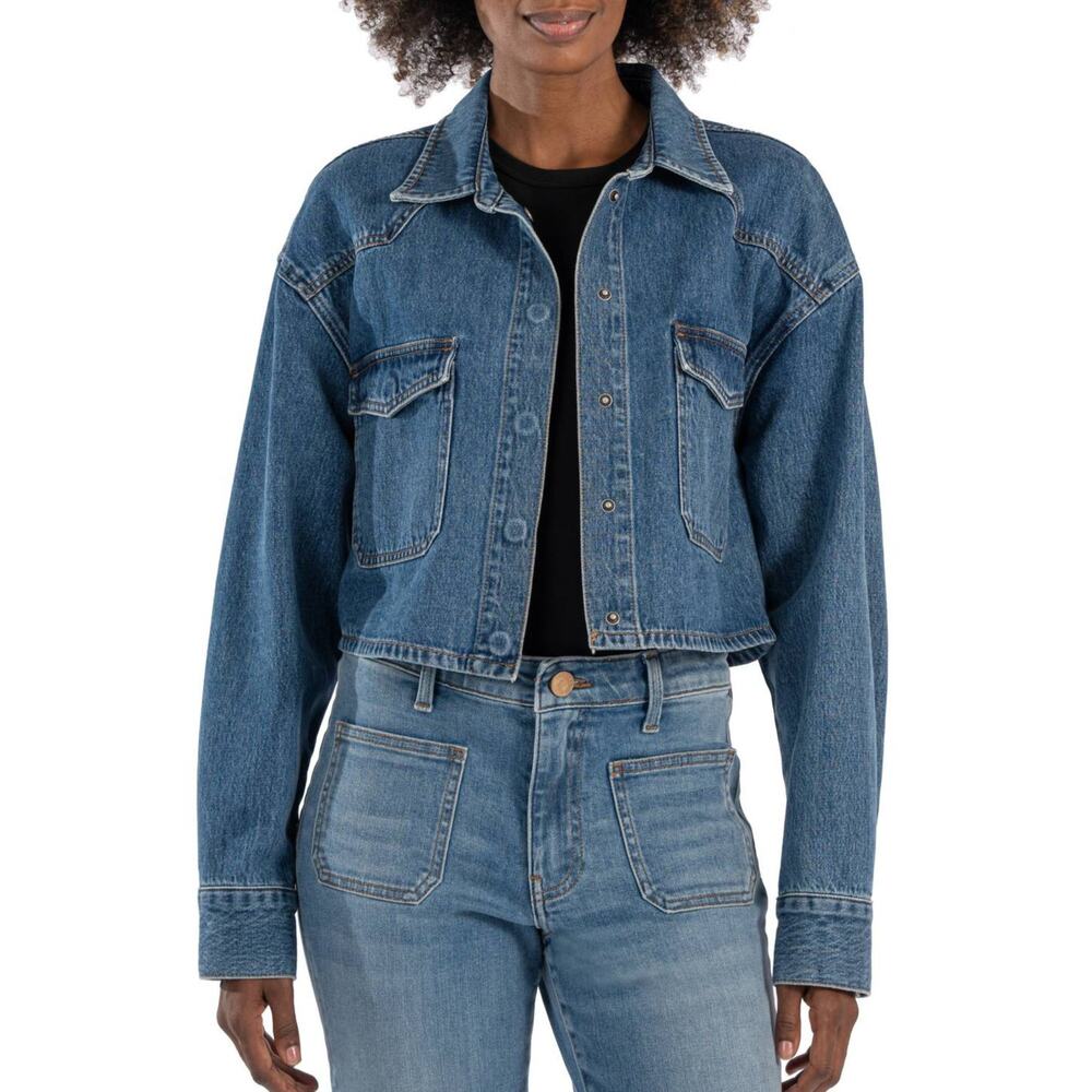 NWT KUT from the Kloth Women's Billie Western Collared Denim Cropped Jacket - Picture 1 of 8